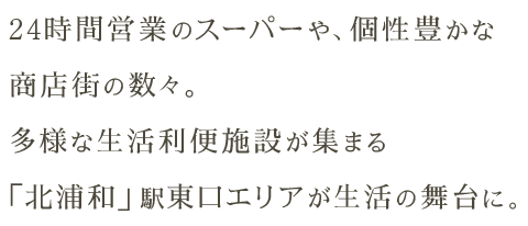 24時間営業のスーパーや、個性豊かな商店街の数々。多様な生活利便施設が集まる「北浦和」駅東口エリアが生活の舞台に。