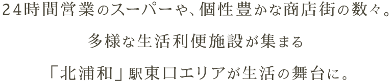24時間営業のスーパーや、個性豊かな商店街の数々。多様な生活利便施設が集まる「北浦和」駅東口エリアが生活の舞台に。