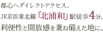 都心直結、JR「北浦和」駅徒歩4分。 利便性と開放感を 兼ね備えた地に。 