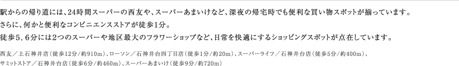 �w����̋A�蓹�ɂ́A24���ԃX�[�p�[�̐��F��A�X�[�p�[���܂����ȂǁA�[��̋A��ł��֗��Ȕ������X�|�b�g�������Ă��܂��B����ɁA�����ƕ֗��ȃR���r�j�G���X�X�g�A���k��1���B�k���T�C�U���ɂ͂Q�̃X�[�p�[��n��ő�̃t�����[�V���b�v�ȂǁA��������K�ɂ���V���b�s���O�X�|�b�g���_�݂��Ă��܂��B